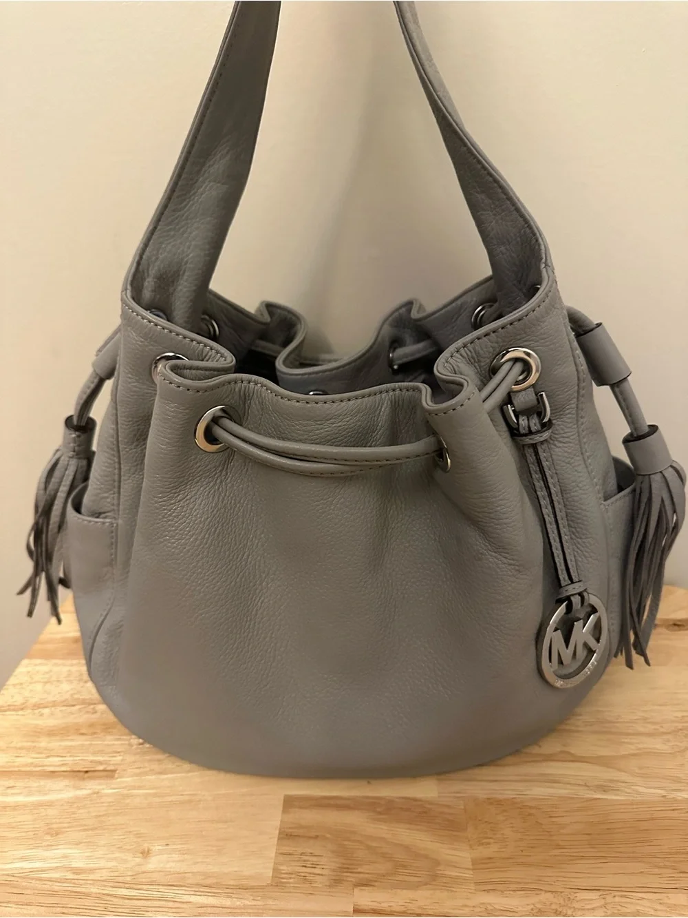 Michael Kors Gray Pebbled Leather Drawstring Hobo with Tassel